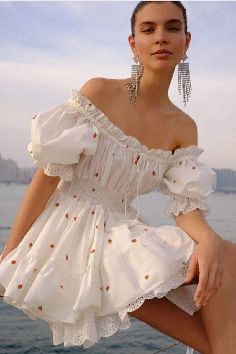 Strawberry Print Square Neck Puff Sleeve Smocked Eyelet Lace Mini Dress