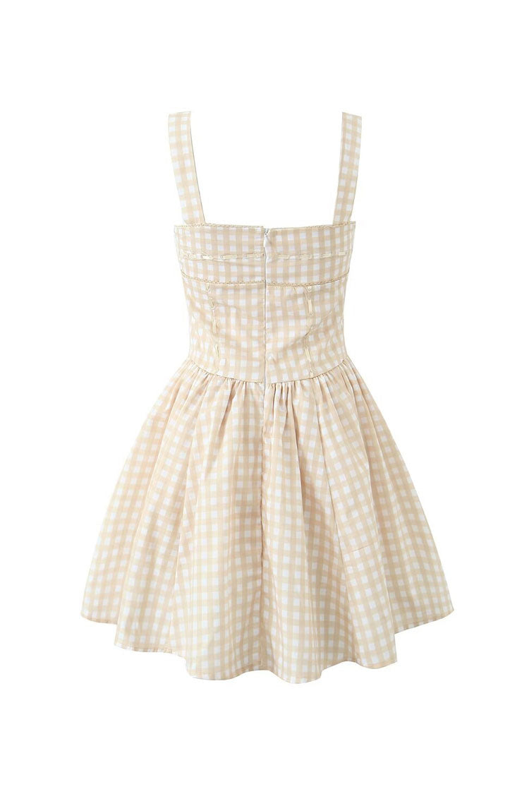 Square Neck Wide Strap Corset Seam Picot Trim Gingham Fit and Flare Mini Dress