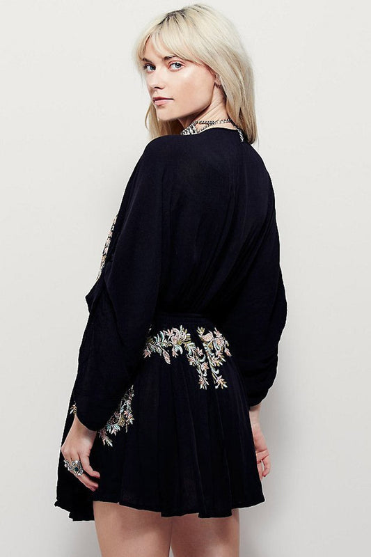 Embroidered Deep V-Neck Kimono Sleeve Drawstring Waist Mini Dress