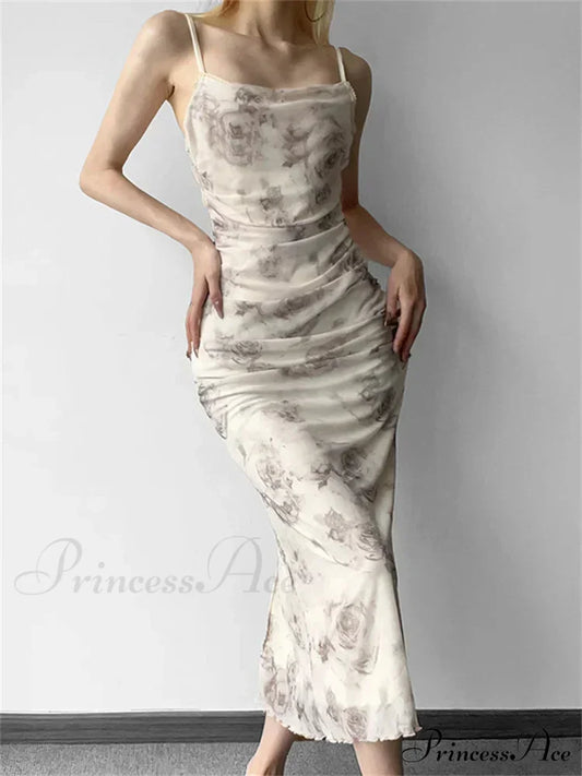 Retro Floral Print for Women Sleeveless Strap V-neck Ruched Split Summer Party Female Vestidos