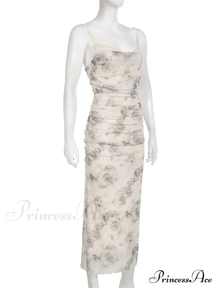 Retro Floral Print for Women Sleeveless Strap V-neck Ruched Split Summer Party Female Vestidos
