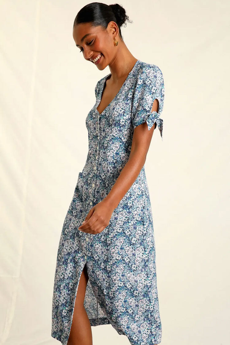 Ditsy Floral V-Neck Button Front Tie Sleeve Midi Dress
