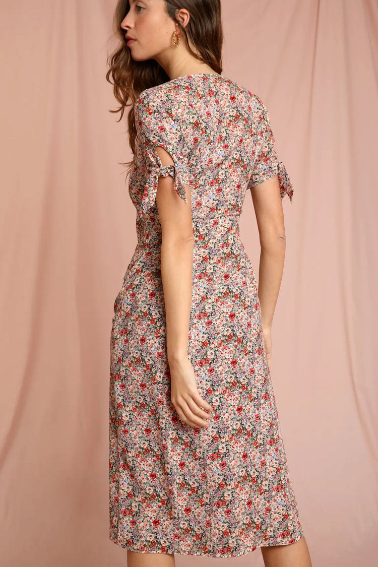 Ditsy Floral V-Neck Button Front Tie Sleeve Midi Dress