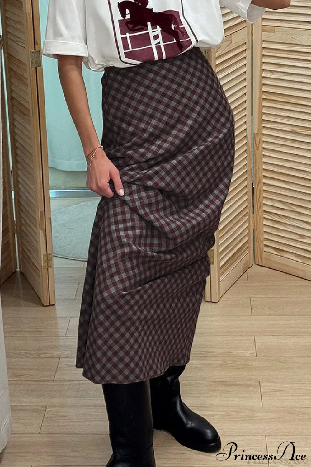 Retro Plaid Cotton Maxi Straight Skirt