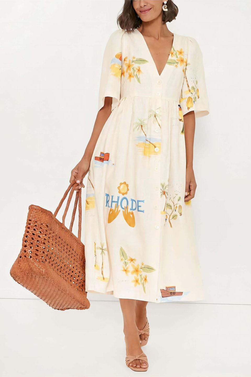 Tropical Graphic Print V-Neck Puff Sleeve Button Front Linen Look Midi Dress