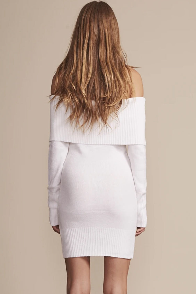 Rib Knit Off the Shoulder Foldover Collar Long Sleeve Mini Sweater Dress
