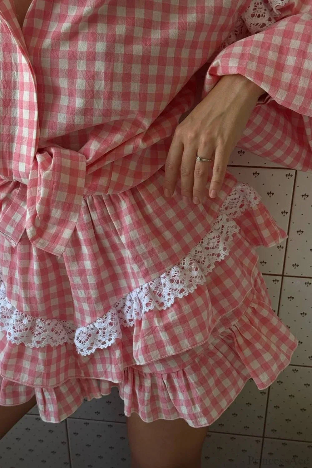 Romantic Lace Trim Plaid Two Piece Set