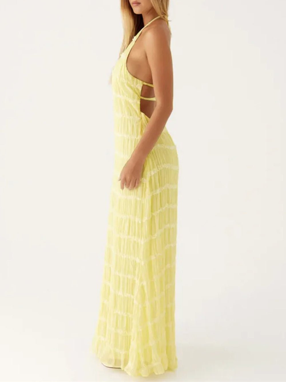 Halter Neck Shirred Pleated Texture Column Maxi Dress