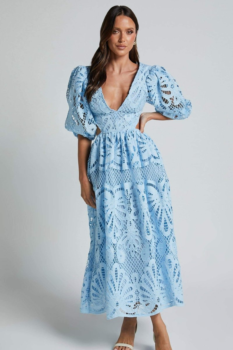 Lace Deep V-Neck Puff Sleeve Waist Cut Out Tiered Midi Dress