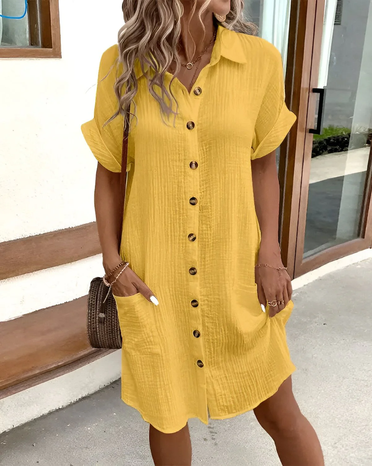 Crinkled Gauze Button-Down Collar Patch Pocket Mini Shirt Dress