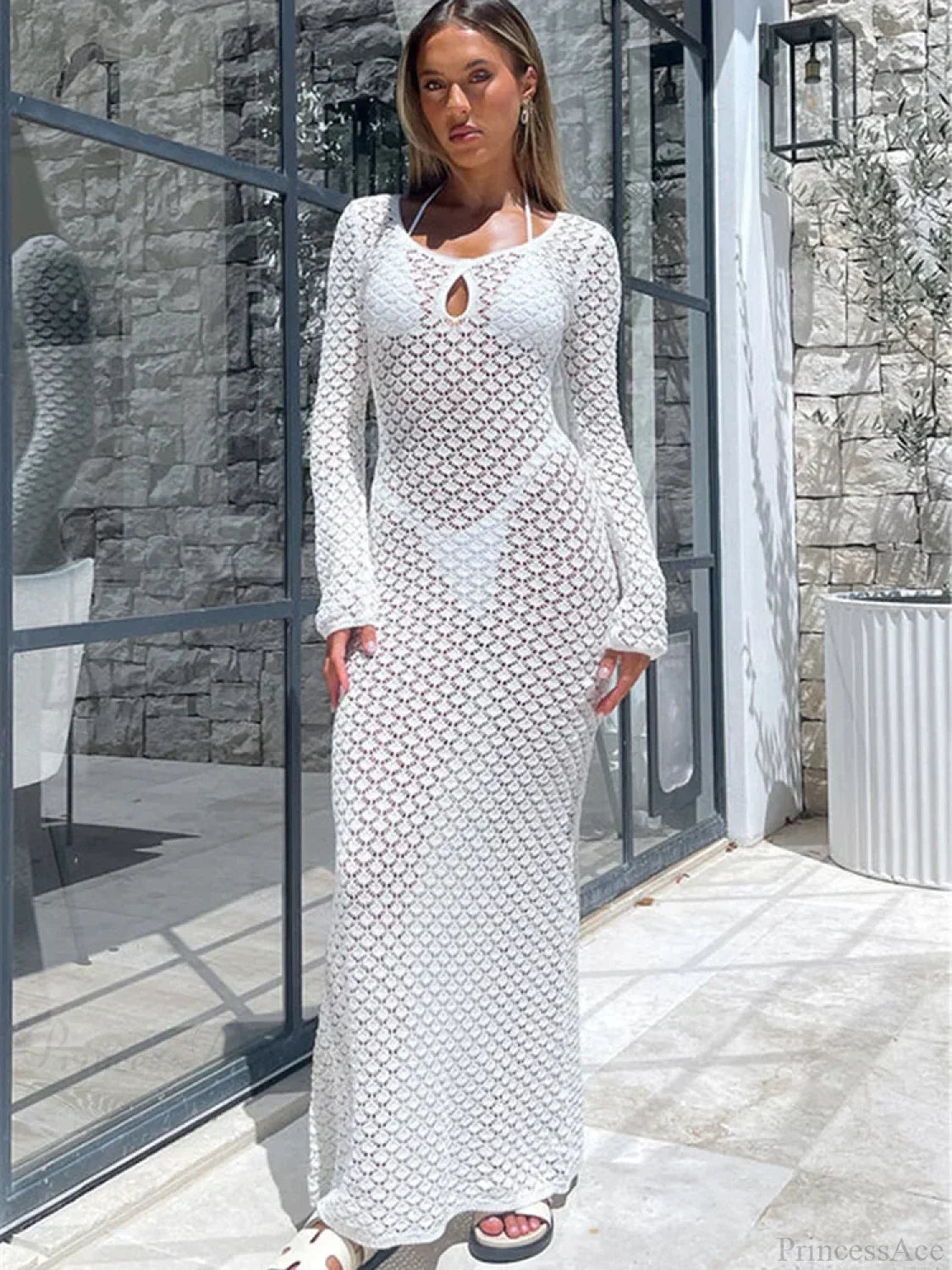 See Through Hollow Out Long Sleeve Cover Up