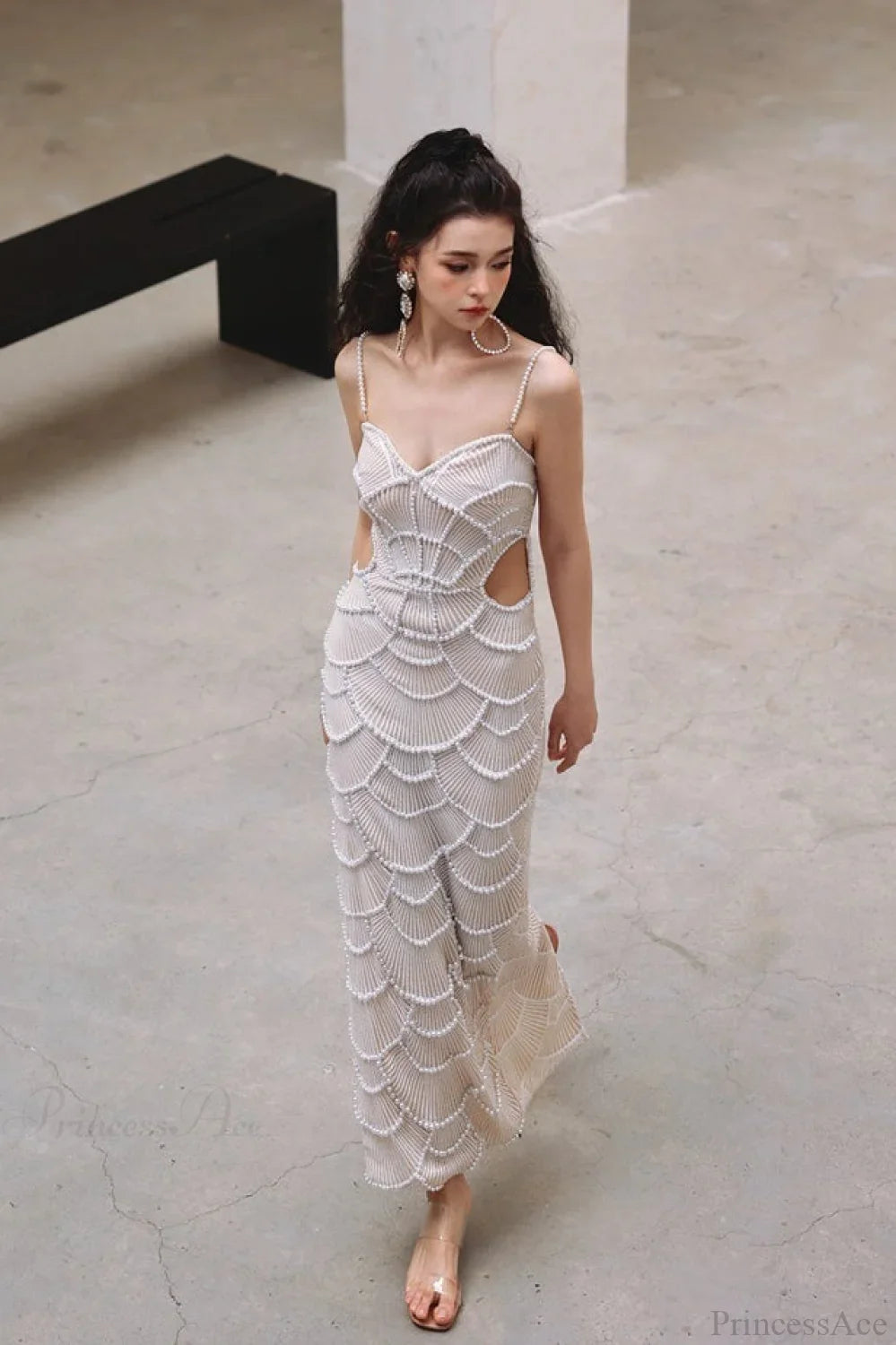 Sequin Beaded Cutout Waist Spaghetti Strap Evening Dress
