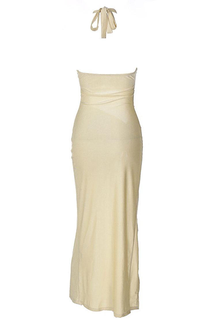 Halter Neck Ring Cut Out Side Ruched High Split Maxi Dress