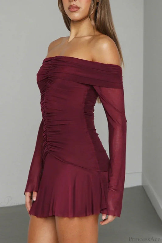 Sexy Off Shoulder Ruched Ruffle Long Sleeve Mini Dress