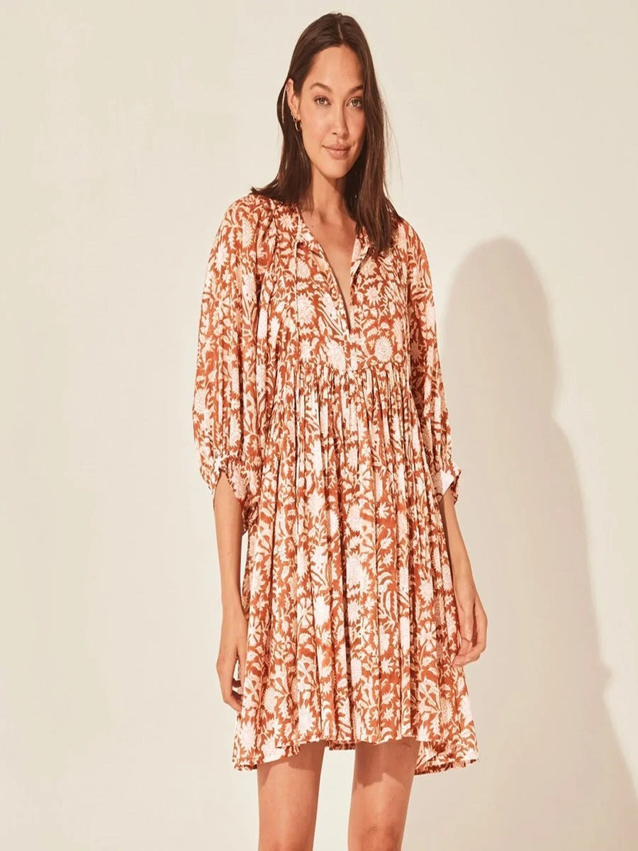 Botanical Block Print Tie-Neck Balloon Sleeve Empire Waist Midi Dress