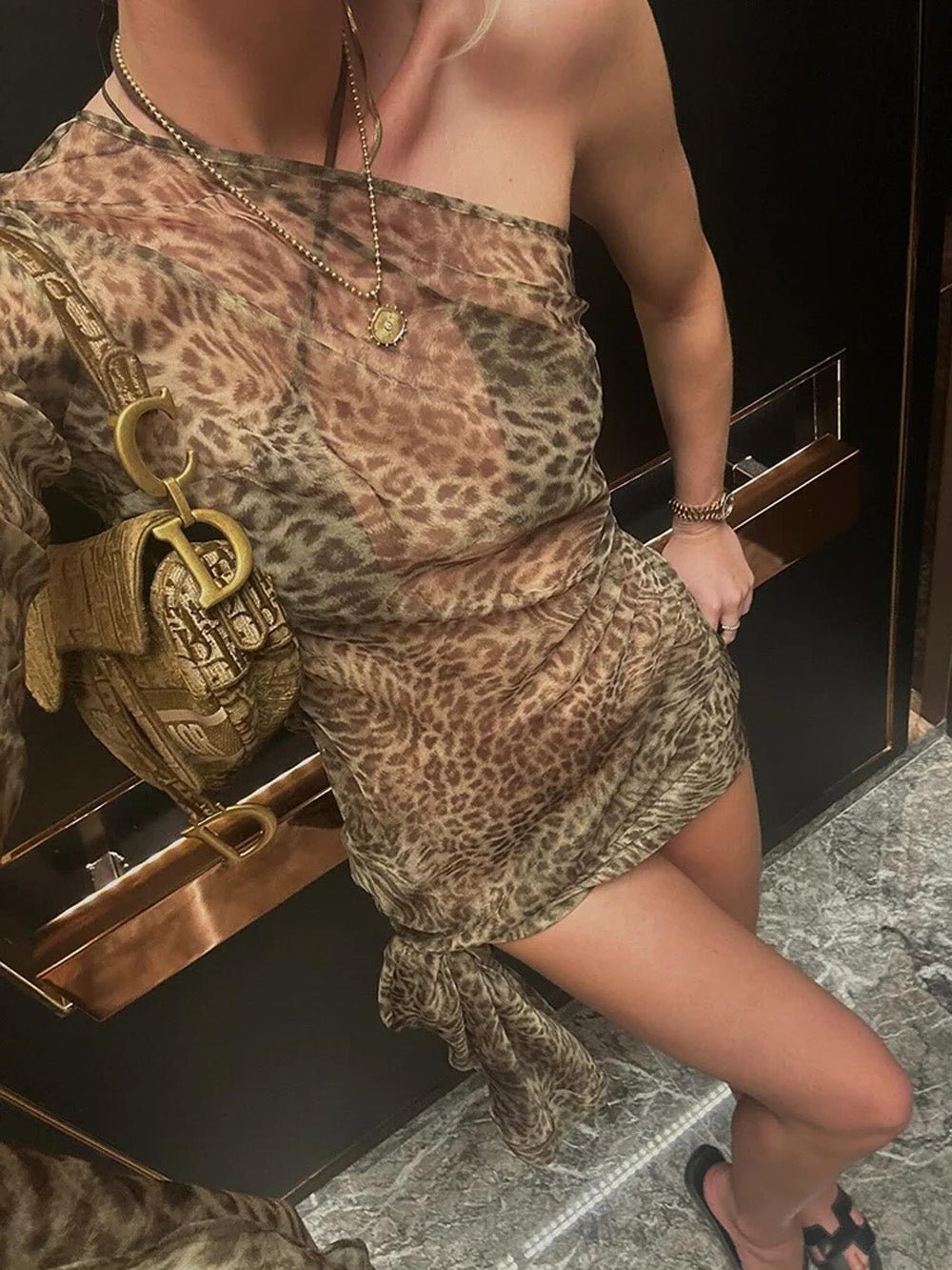 Print One-Shoulder Long Sleeve Bodycon Maxi Dress