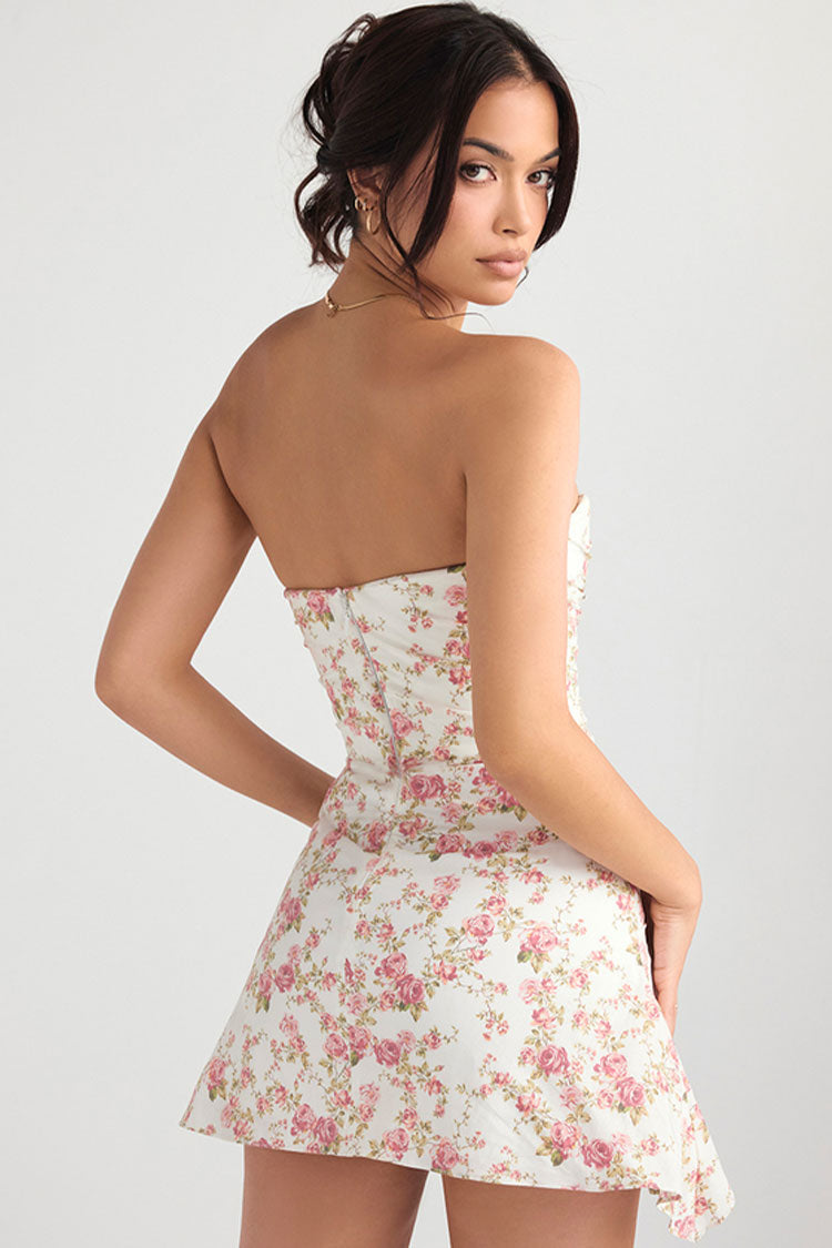 Floral Print Strapless Ruched Bodice Bodycon Mini Dress