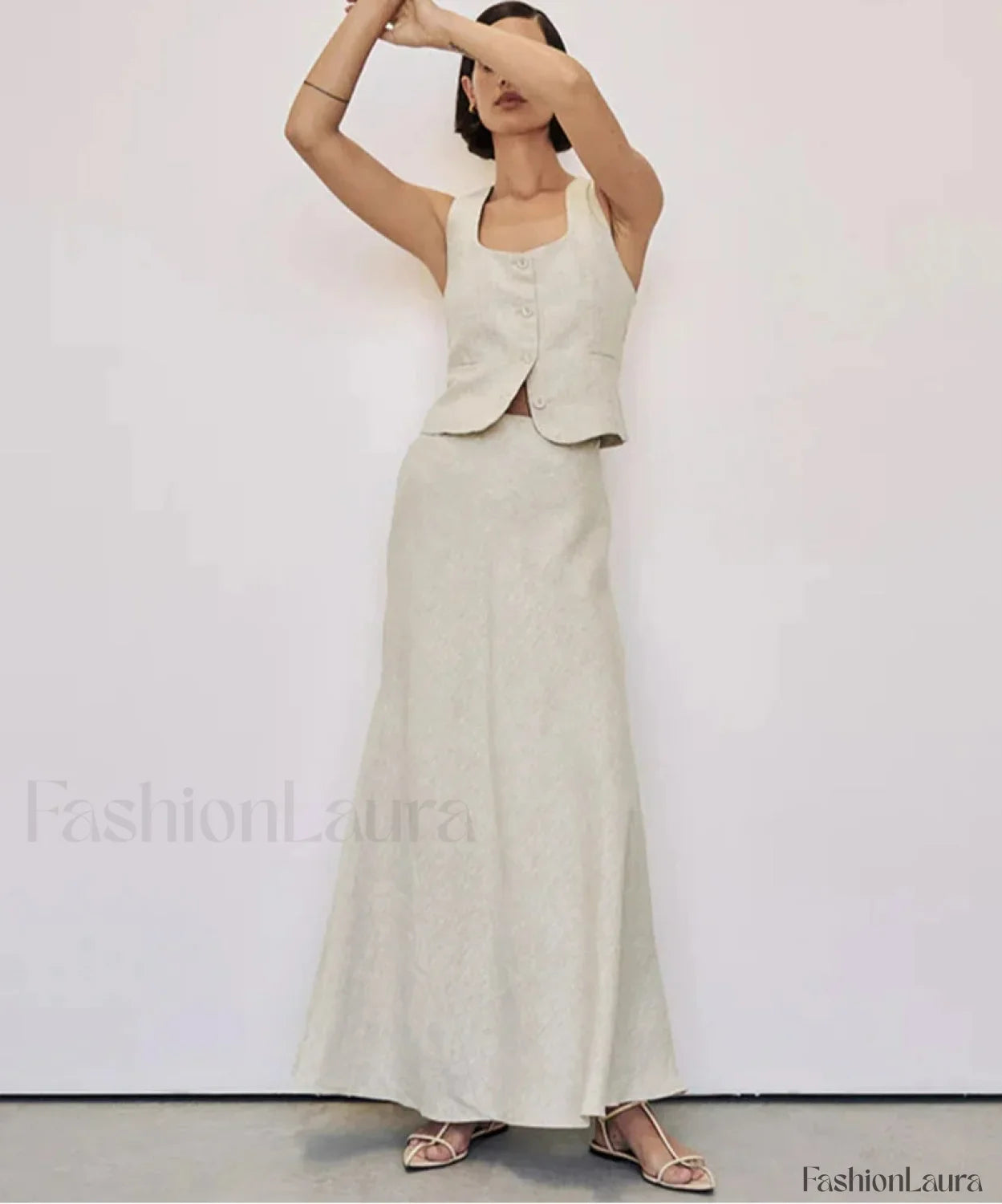 Slim Khaki Linen Tank Skirt Two Piece Set
