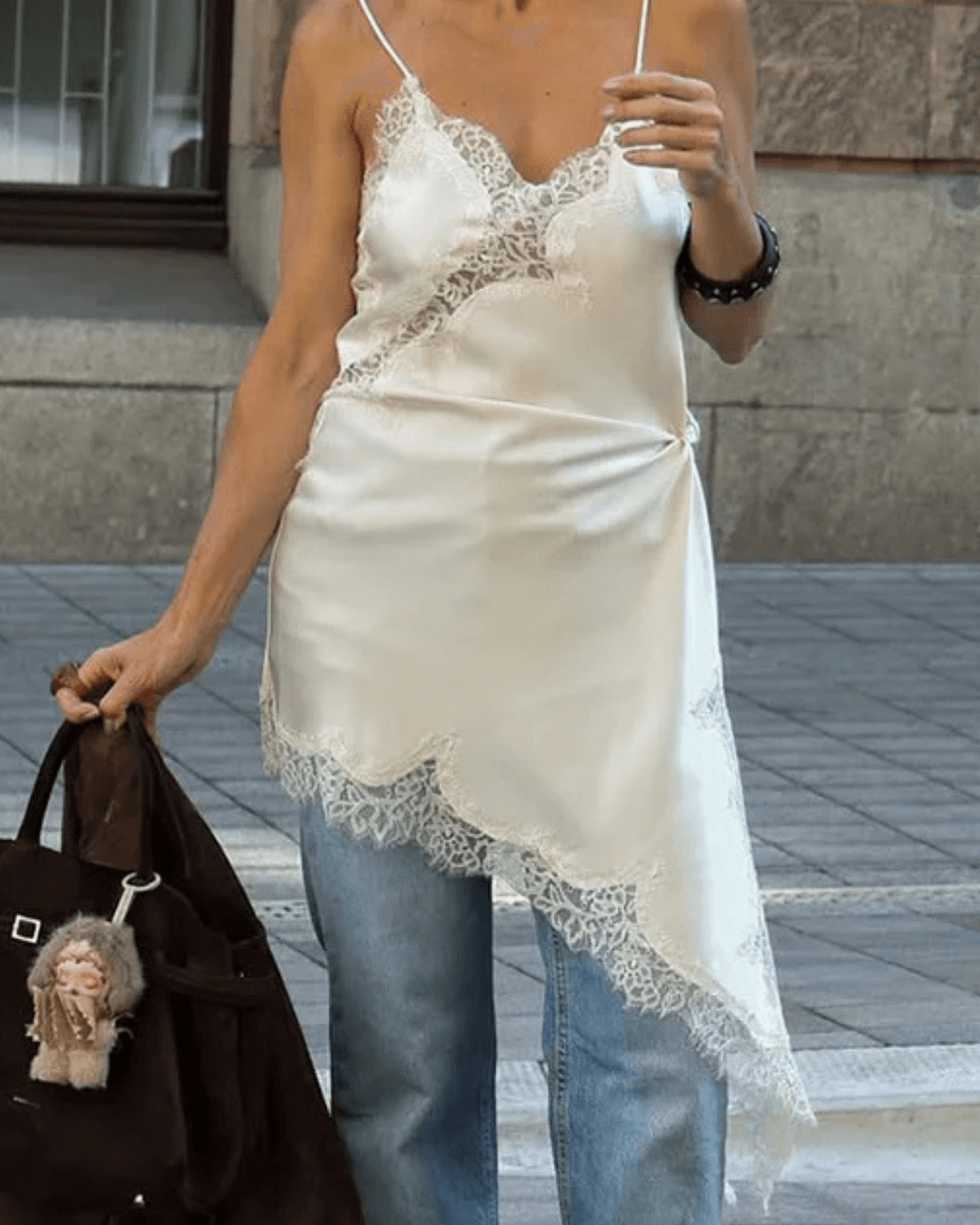 | Asymmetric Satin Lace Midi Dress