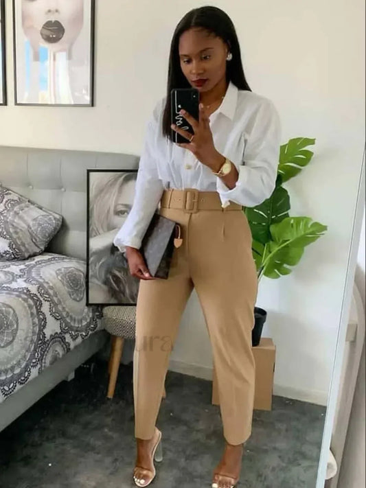 Solid Color Belted Pencil Pants