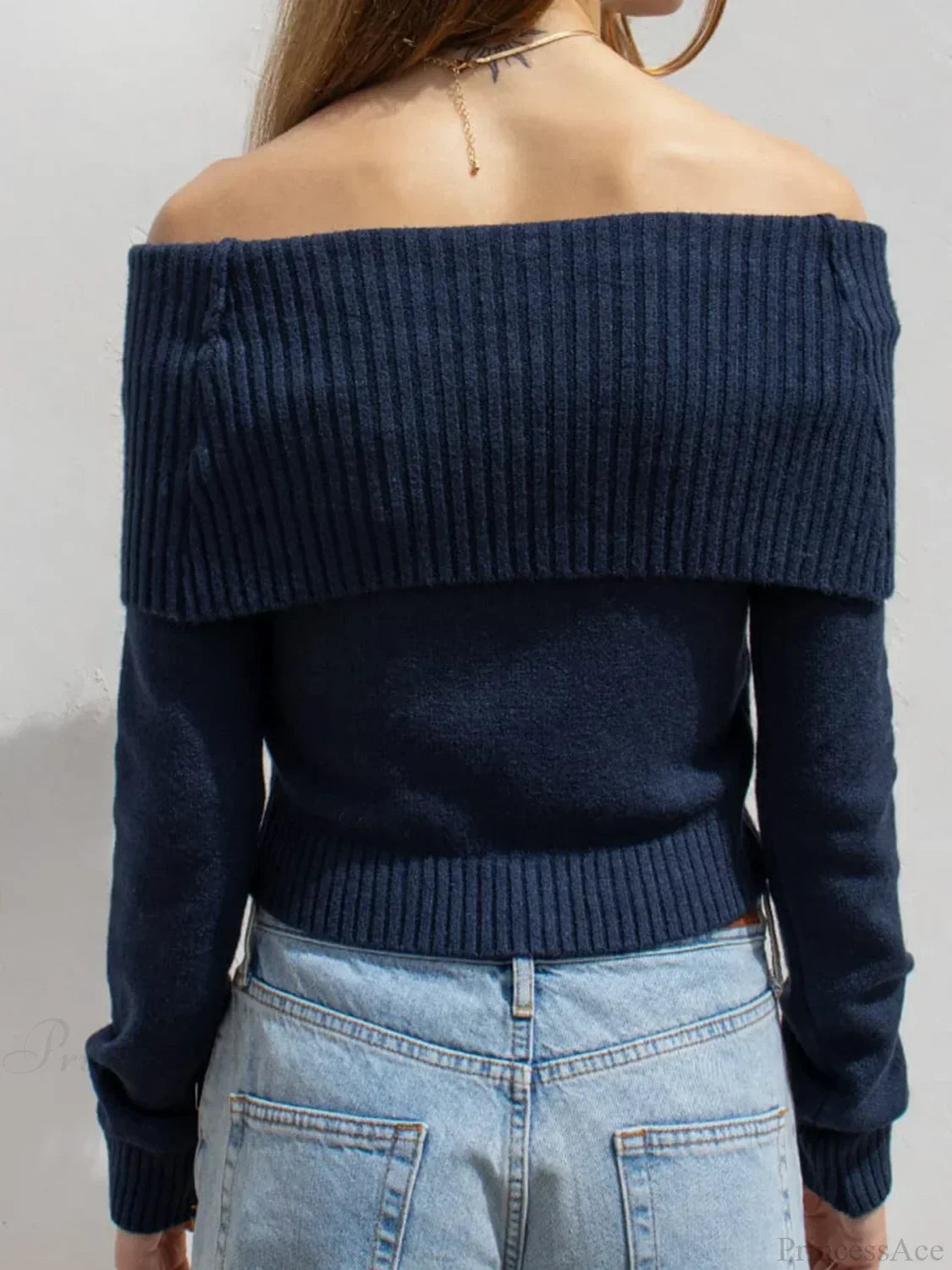 Solid Knitted Slash Neck Basic Long Sleeve Pullover Sweater