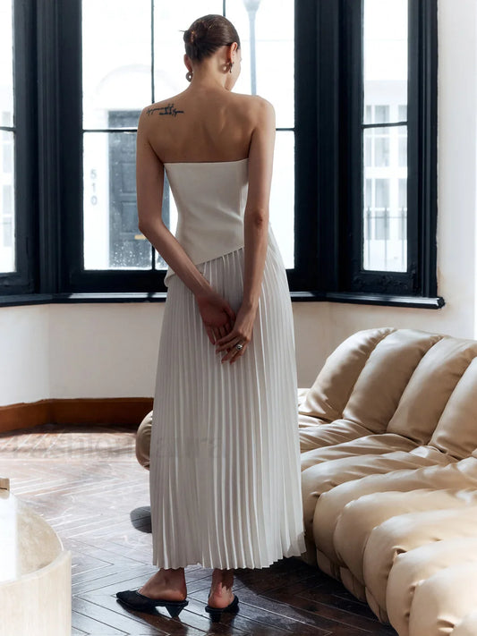 Solid Pleated Strapless Split Dress