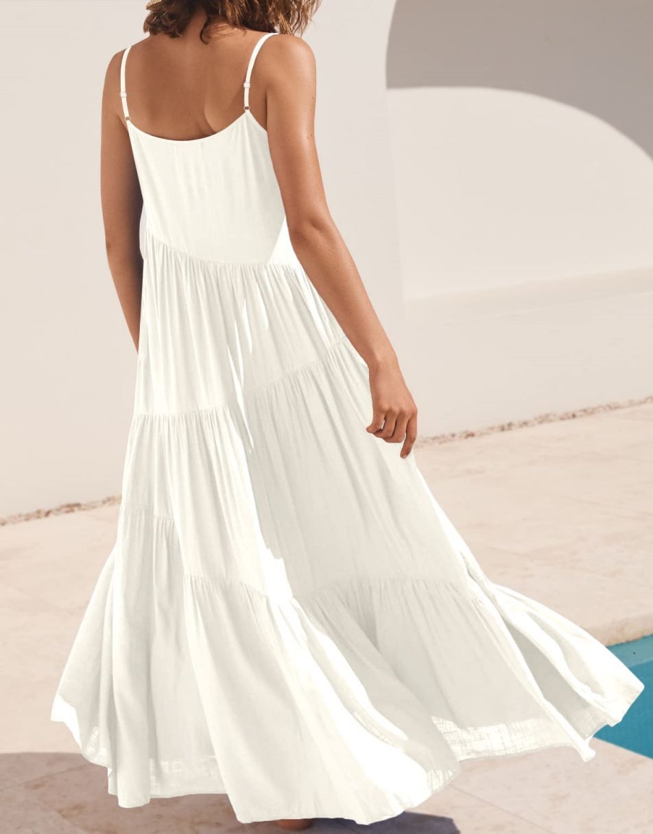 Spaghetti Strap Diagonal Tiered Flowy Maxi Dress