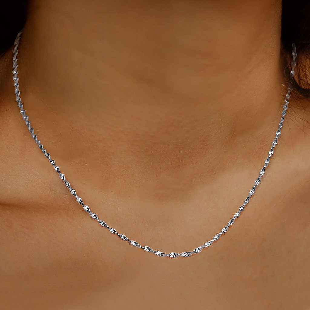 Rhodium Plated Sterling Silver 2MM Singapore Chain Necklace