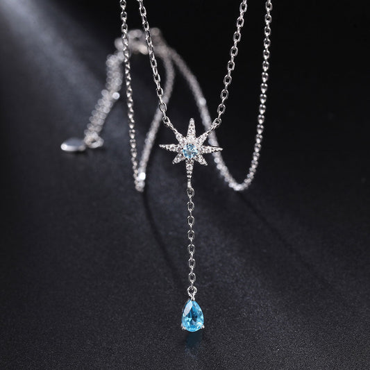 Sparkly Cubic Zirconia Star and Blue Topaz Heart Pendant Necklace