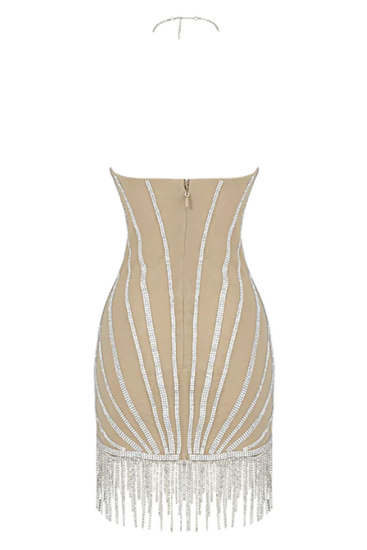 Rhinestone Fringe Trim Halter Neck Mesh Illusion Bodycon Mini Dress