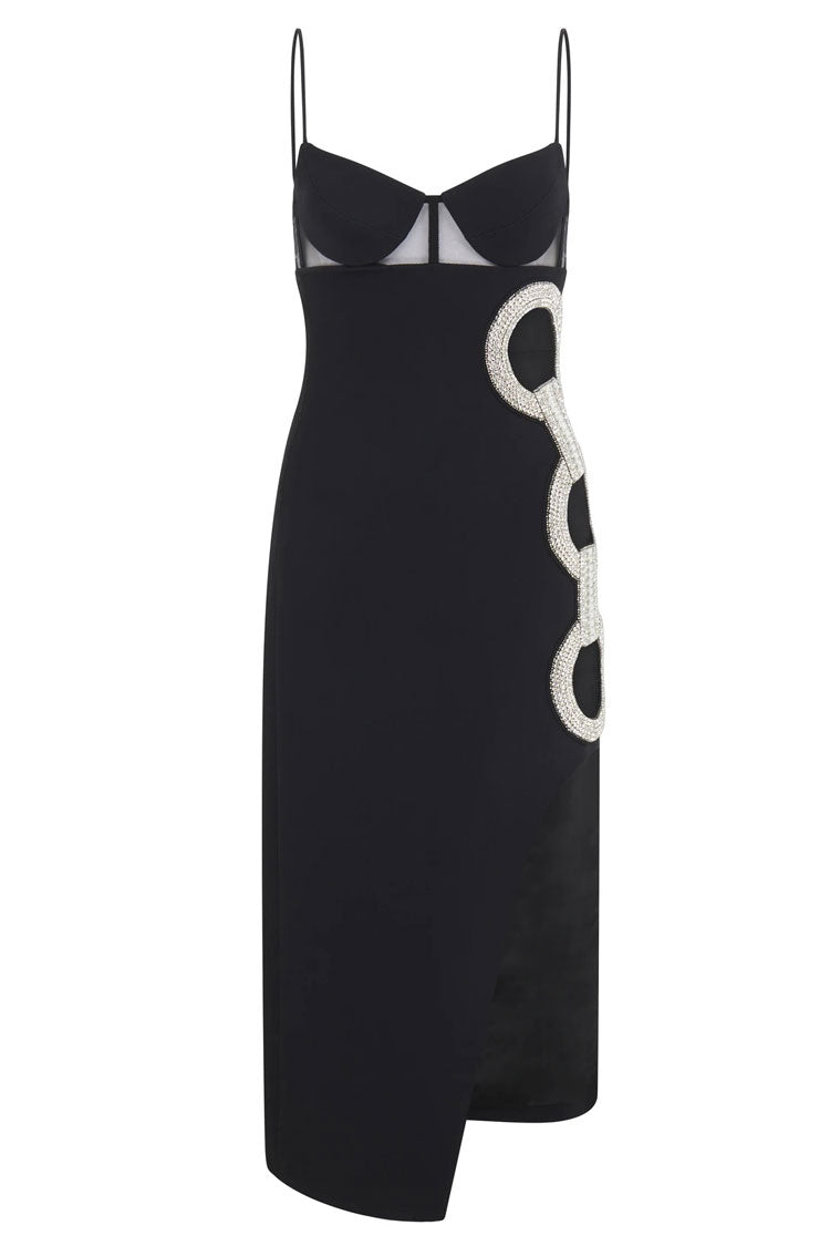 Spaghetti Strap Corset Bodice Rhinestone Link Cutout Midi Dress