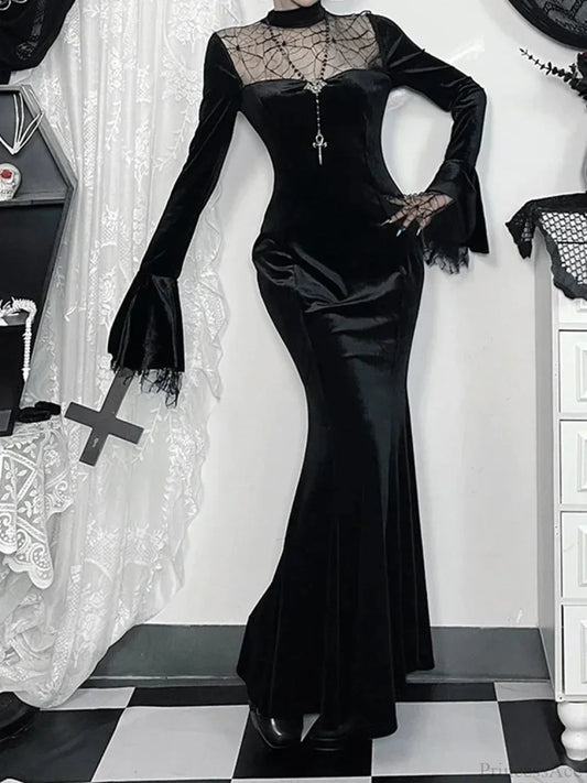 Spider Web Mesh Patchwork Long Dress