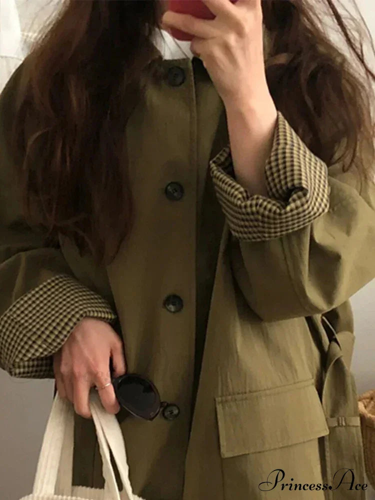 Spring Autumn Long Loose Casual Chic Turn-down Collar Pockets Single Breasted Korean Fashion Stylish Coat