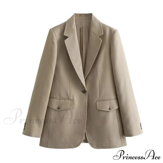Spring Autumn One Button BF Boyfriend Vintage Long Sleeve Khaki Blazer