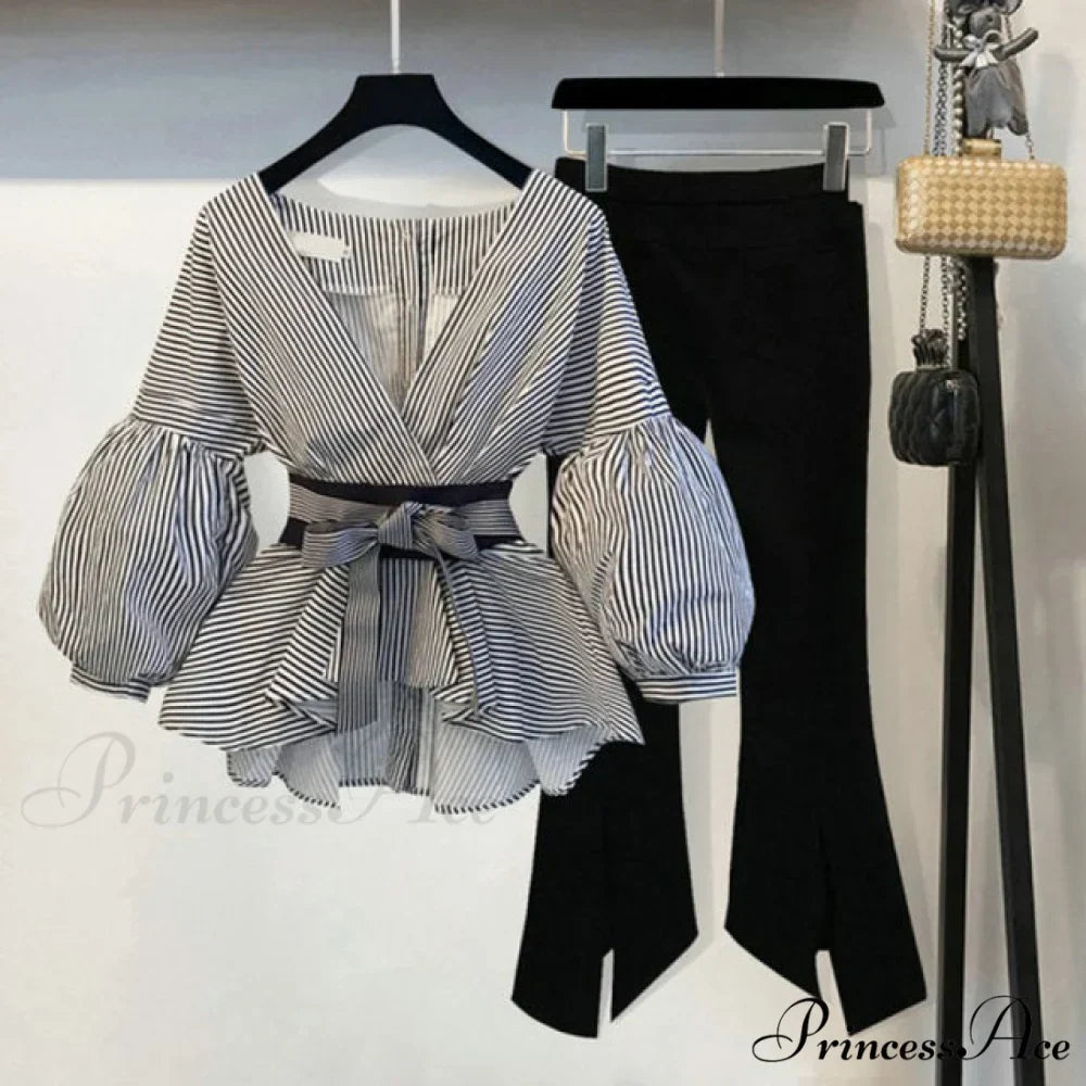 Spring Women's Bow Pants Lantern Flare Black + Striped Split Warm-Season Blouse Arm Arm Set