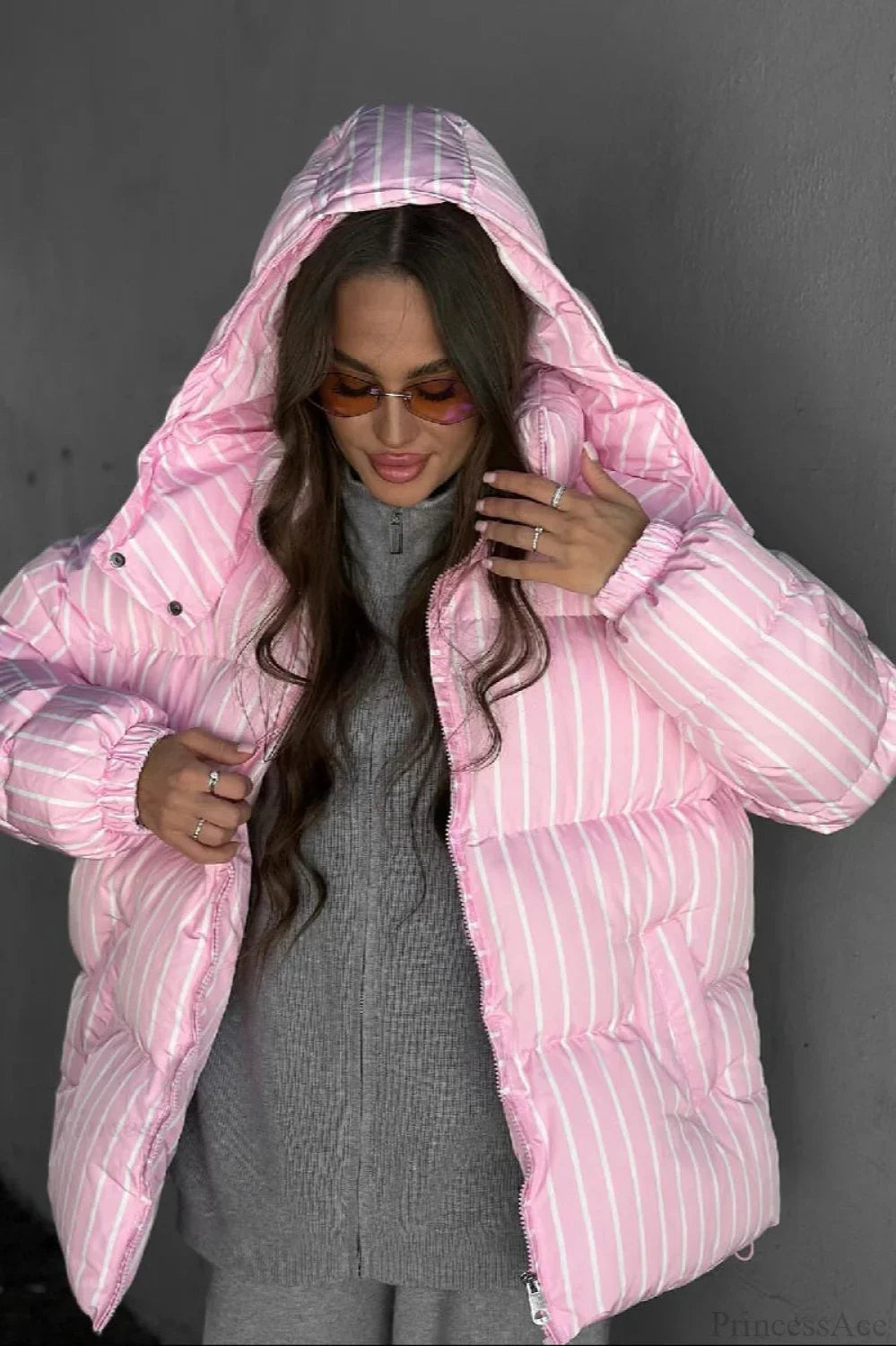 Stand Collar Striped Hooded Warm Quilted Coat