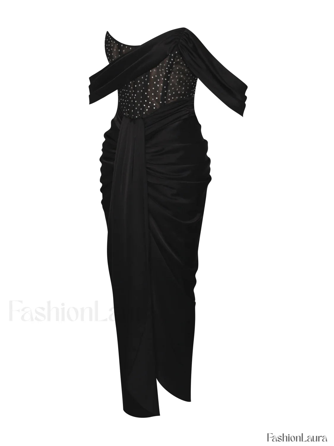 Stella Black Off Shoulder Graceful Crystal Corset Satin Gown