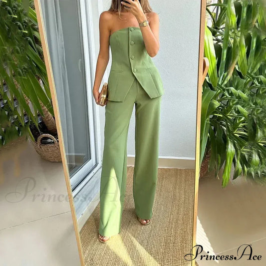 Strapless Button Top Long Pants Slim Party Sleeveless Suit
