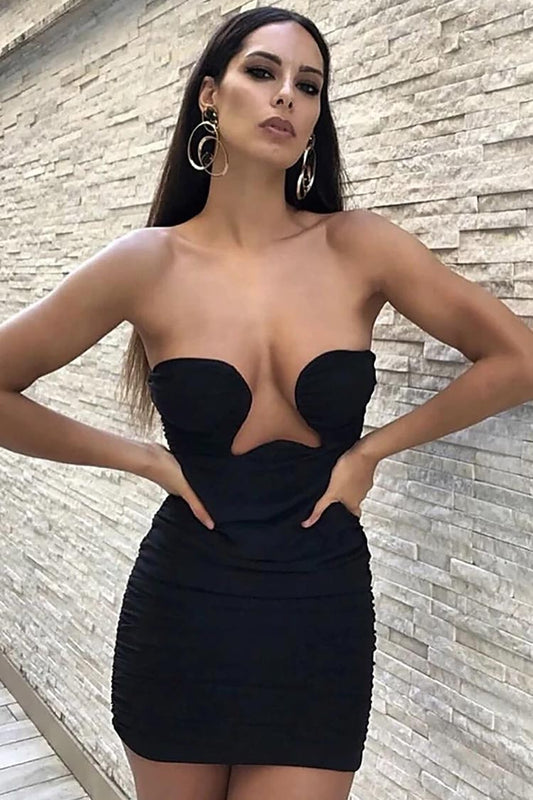 Plunging V-Neck Strapless Ruched Bodycon Mini Dress
