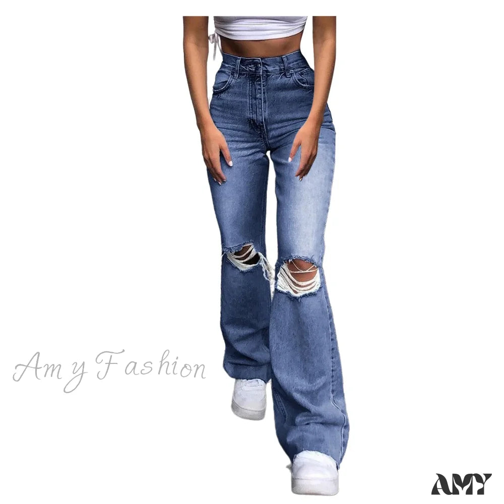 Streetwear Hollow Out Ripped Ragged High Waist Solid Color Retro Wide Leg Y2K Flare Jean
