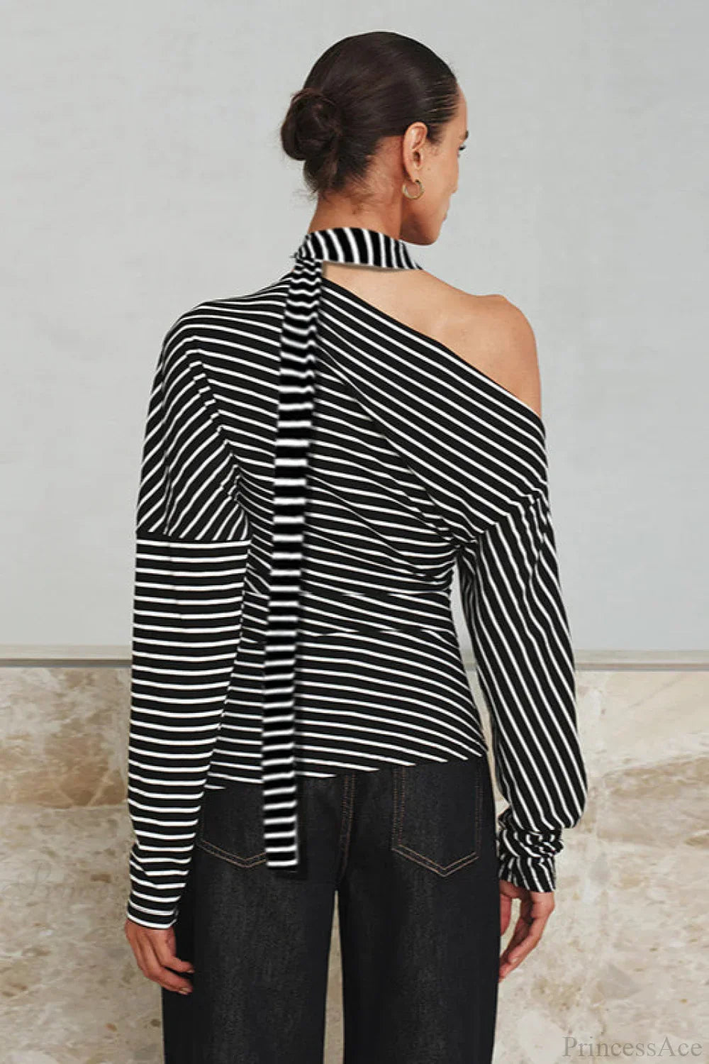 Striped Asymmetrical Shoulder Long Sleeve Tee