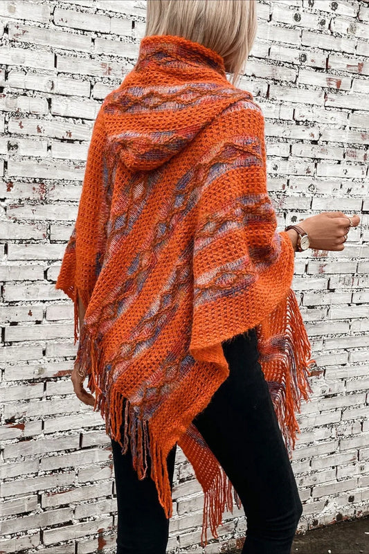 Striped Hooded Knit Tassel Relaxed Coat