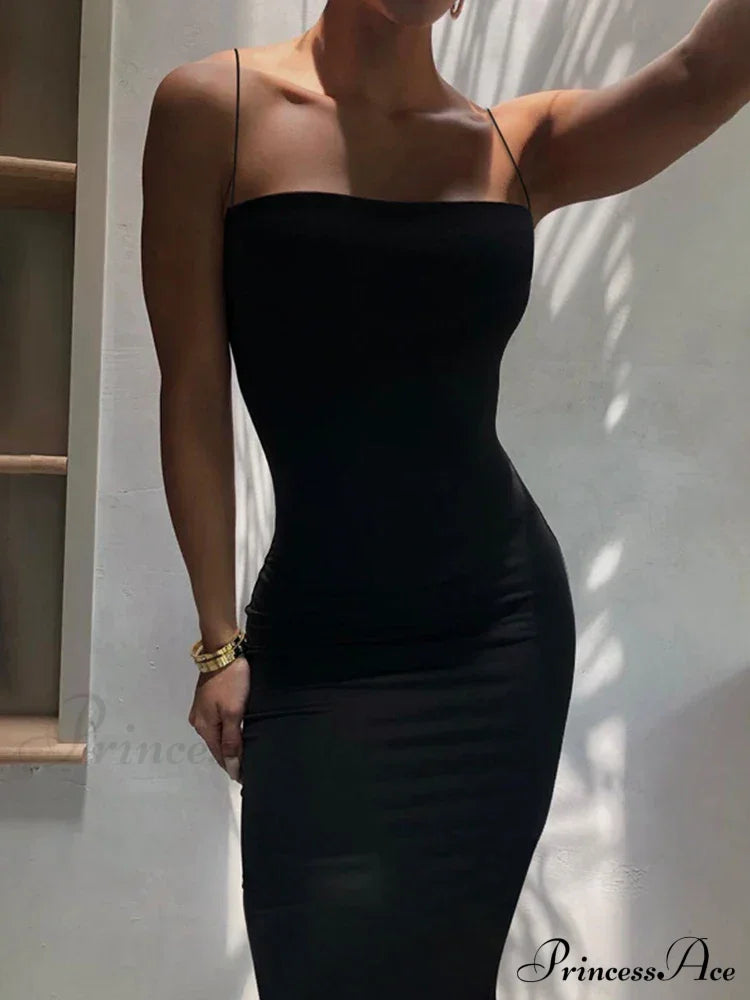 Summer Black Spaghetti Strap Backless Solid Sleeveless Elegant Party Bodycon Dress