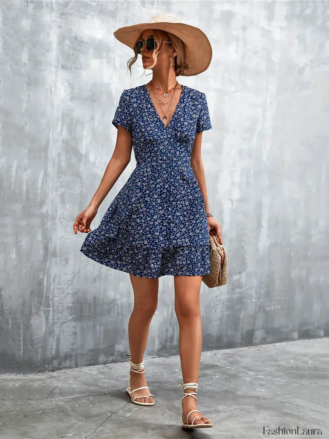 Summer Short Boho V Neck Floral Party Bohemian Flower Mini A-Line Dress