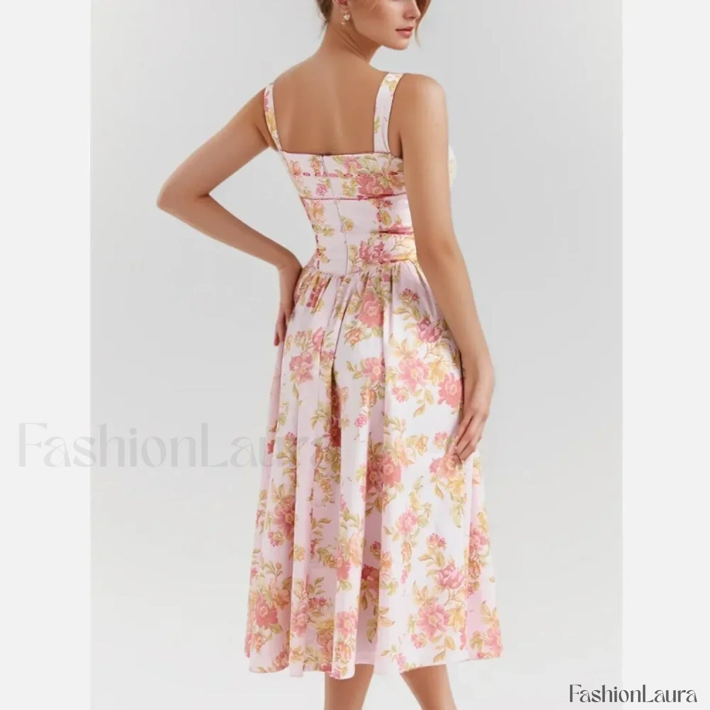 Sweet Pink Flower Print Tank Dress Cross Ribbon Eyelet Floral Dress