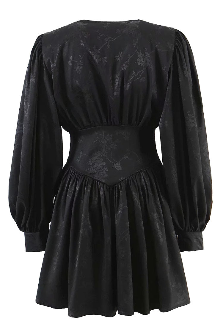Floral Jacquard Deep V-Neck Puff Sleeve Wide Waistband Fit and Flare Mini Dress