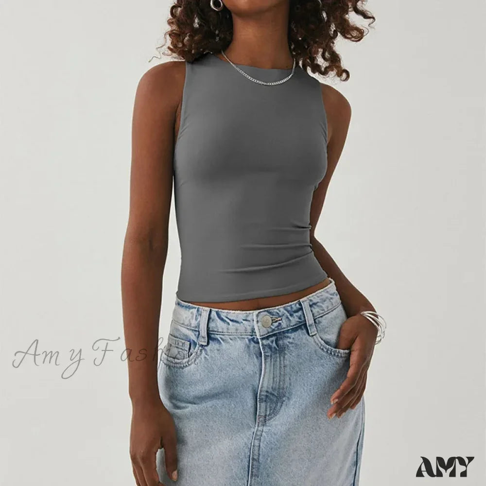 Tight Bottomed Round Neck Sleeveless Racerback Crop Top