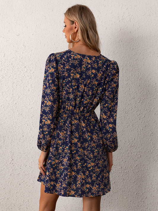 Ditsy Floral Square-Back Long Puff Sleeve Smocked Waist A-Line Mini Dress