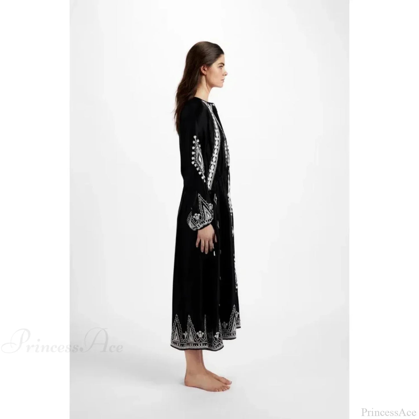 V-neck Lantern Sleeve Free Style Cotton Boho Dress