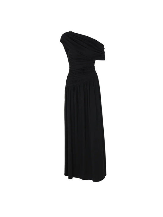 Asymmetric One-Shoulder Ruched Pleated Bodice Maxi Gown